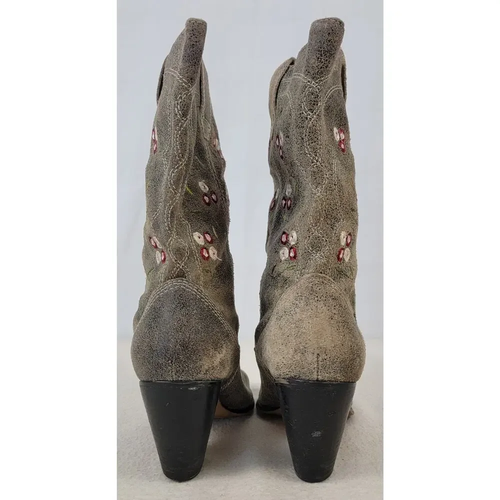 Seychelles Anthropologie Embroidered Western Boots Gray Nubuck Size 6.5